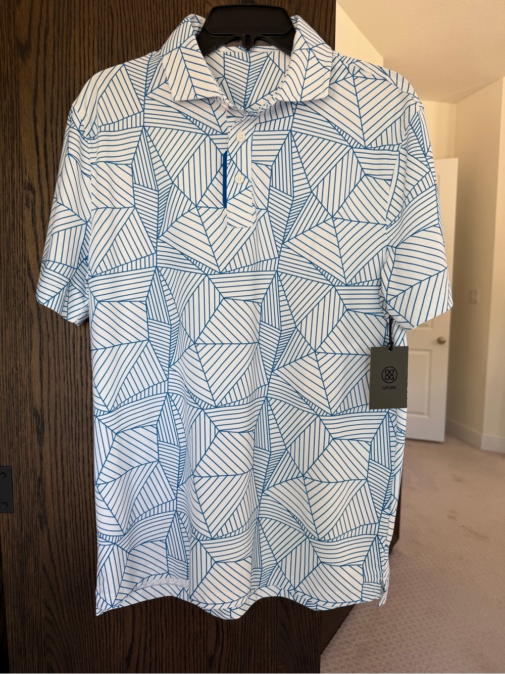 G/FORE White Polo with Blue Geometric Line Print **NWT**